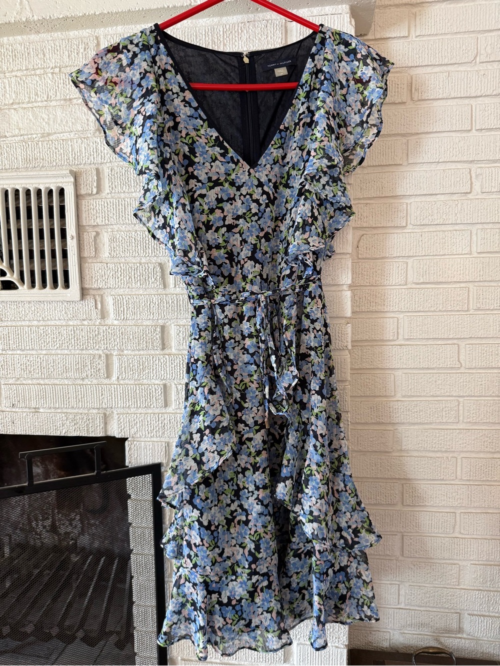 Tommy Hilfiger Blue Floral Midi Dress with Ruffle Trim